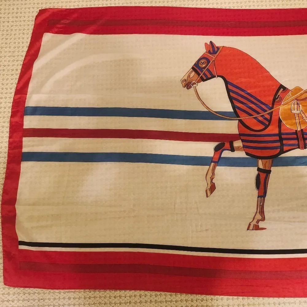 Oversized 100% Silk Equestrian Horse Print Scarf Bold Red Border Ret. 125€/$150